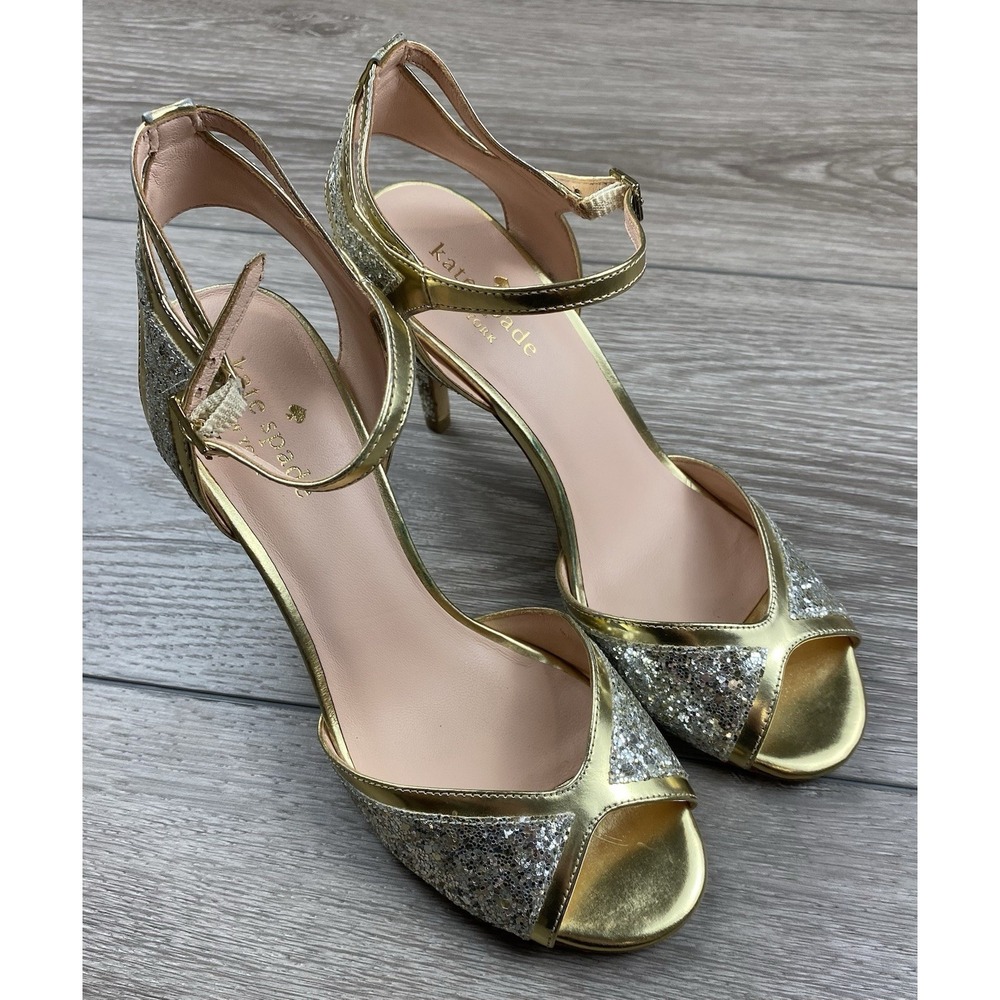 Kate Spade Women's Leather Oak Metallic Glitter Design Slip On Heels Gold 7M